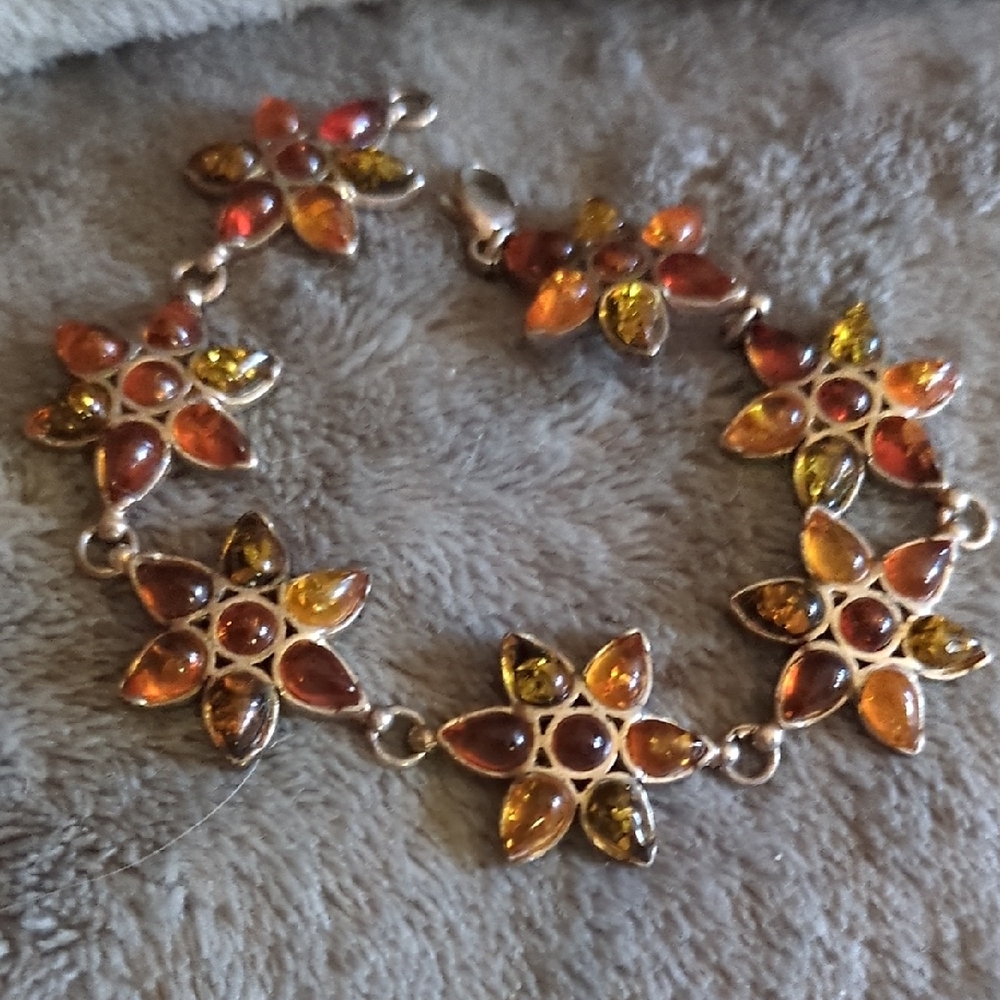 Vtg Sterling Silver Amber Bracelet